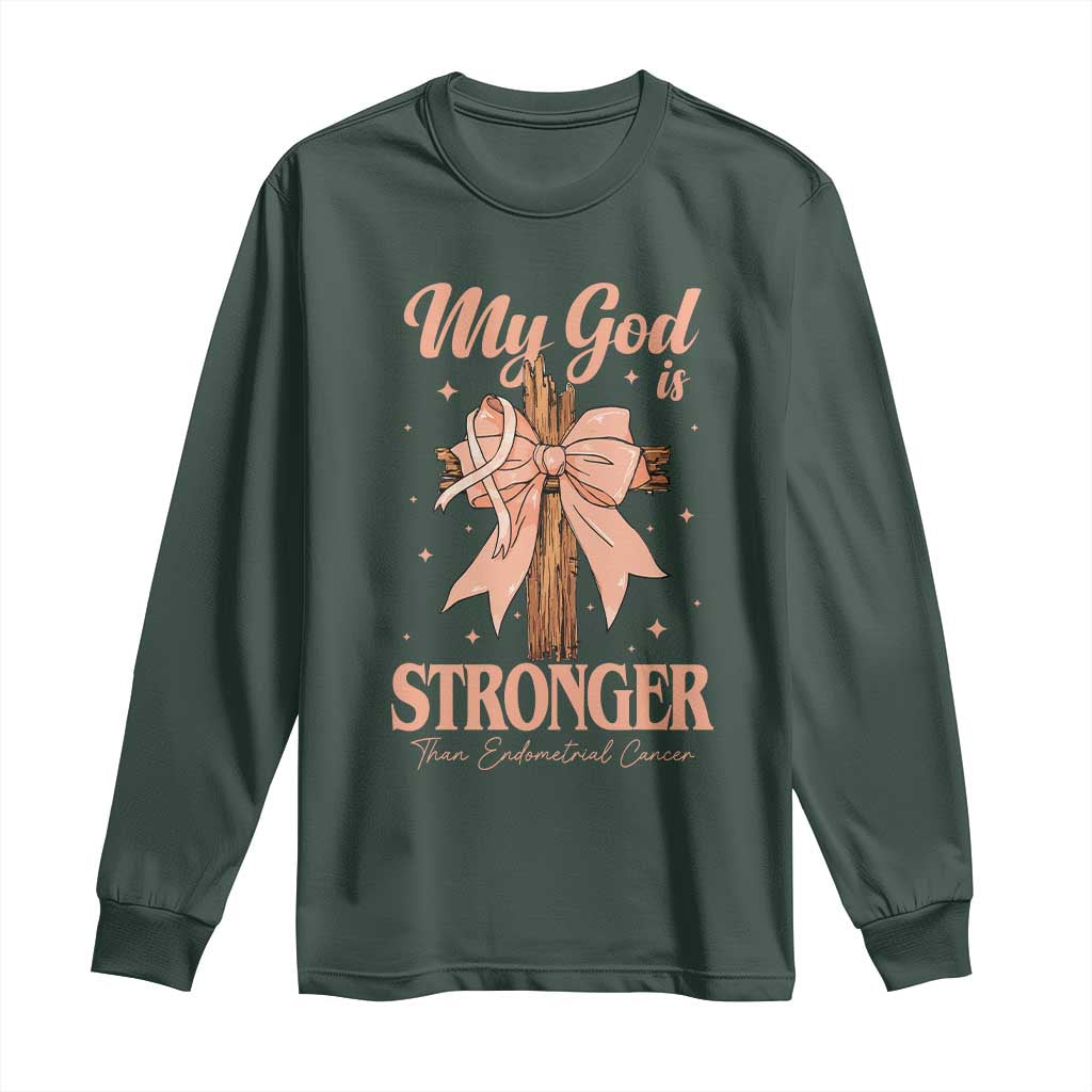 Endometrial Cancer Faith Peach Ribbon Long Sleeve Shirt My God Is Stronger Than Endometrial Cancer