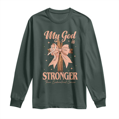 Endometrial Cancer Faith Peach Ribbon Long Sleeve Shirt My God Is Stronger Than Endometrial Cancer