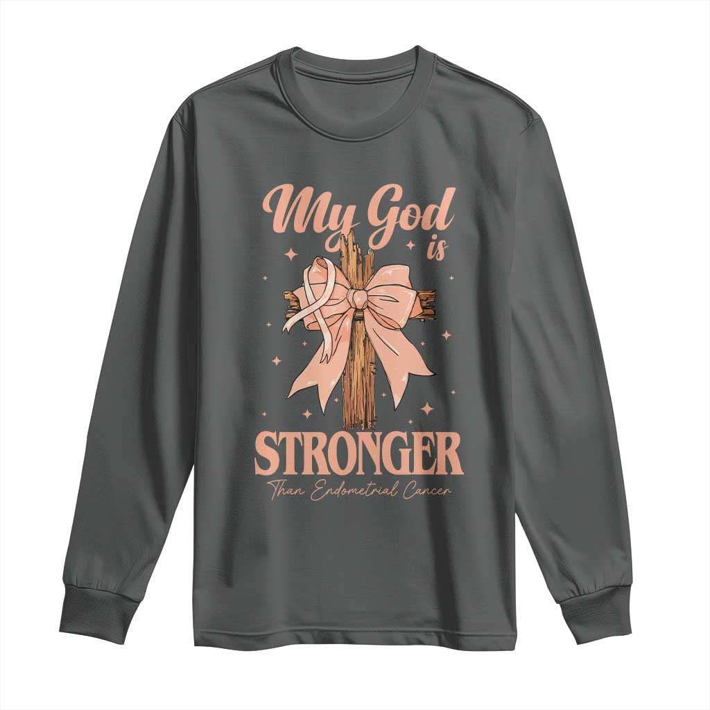 Endometrial Cancer Faith Peach Ribbon Long Sleeve Shirt My God Is Stronger Than Endometrial Cancer