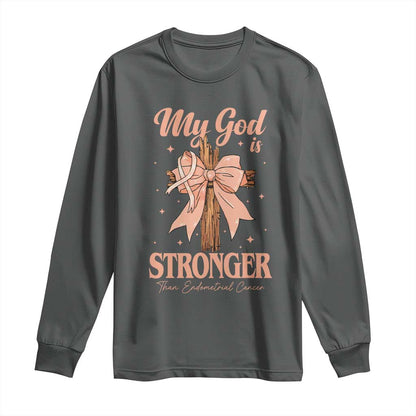 Endometrial Cancer Faith Peach Ribbon Long Sleeve Shirt My God Is Stronger Than Endometrial Cancer