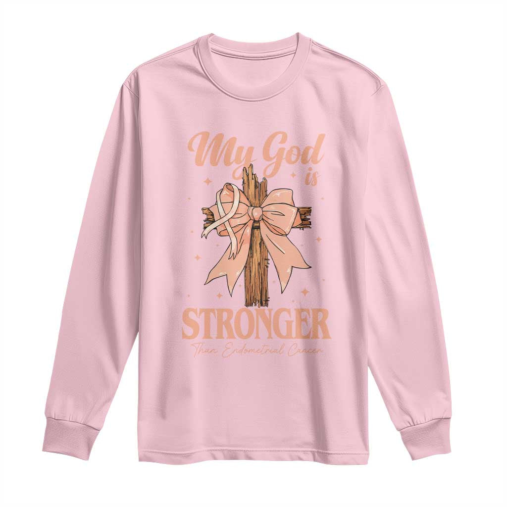 Endometrial Cancer Faith Peach Ribbon Long Sleeve Shirt My God Is Stronger Than Endometrial Cancer