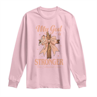 Endometrial Cancer Faith Peach Ribbon Long Sleeve Shirt My God Is Stronger Than Endometrial Cancer