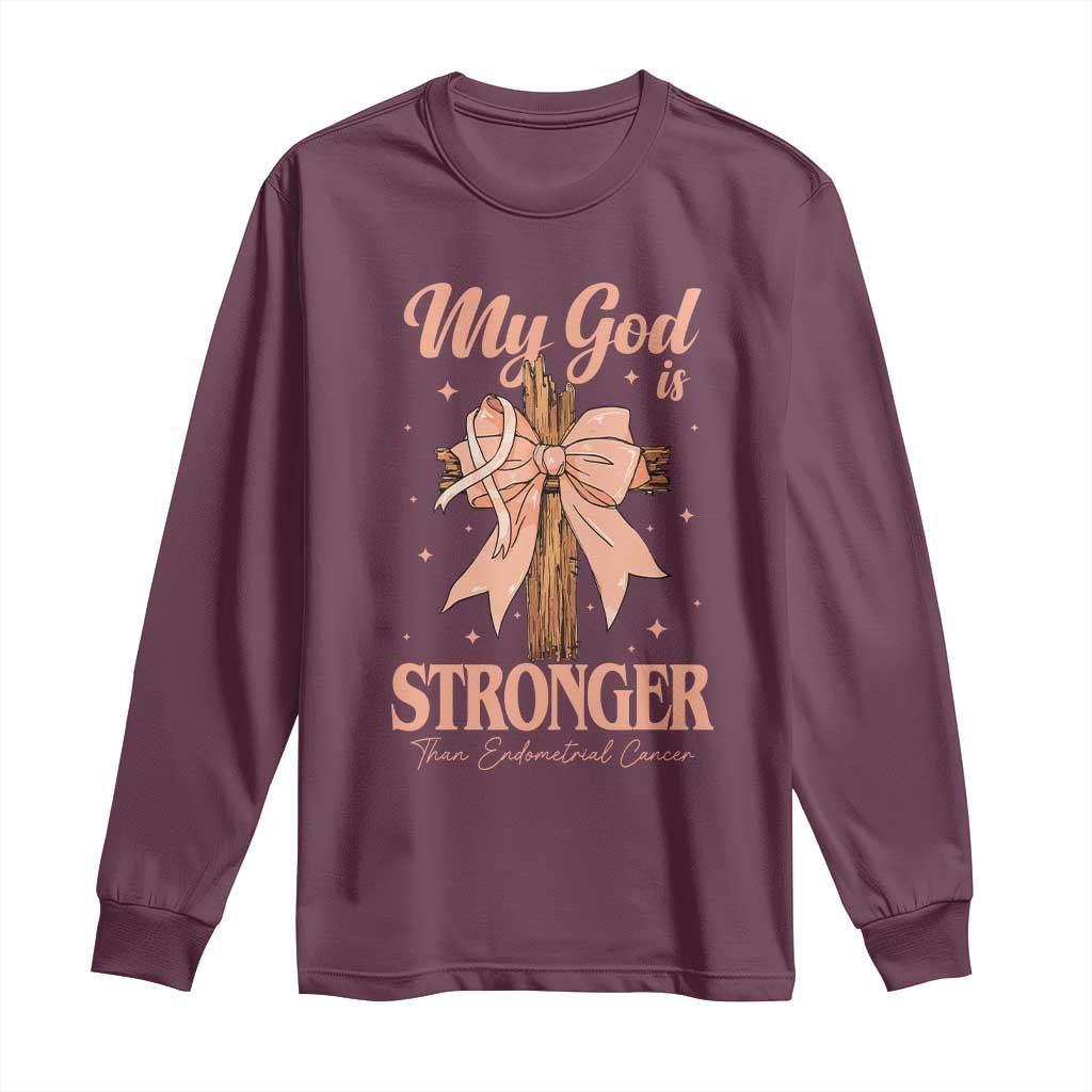 Endometrial Cancer Faith Peach Ribbon Long Sleeve Shirt My God Is Stronger Than Endometrial Cancer