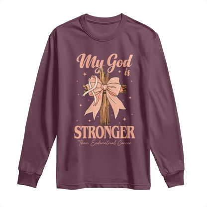Endometrial Cancer Faith Peach Ribbon Long Sleeve Shirt My God Is Stronger Than Endometrial Cancer