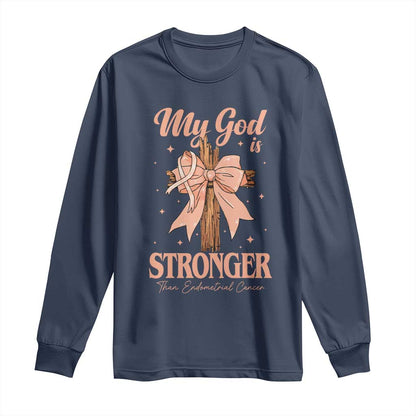 Endometrial Cancer Faith Peach Ribbon Long Sleeve Shirt My God Is Stronger Than Endometrial Cancer