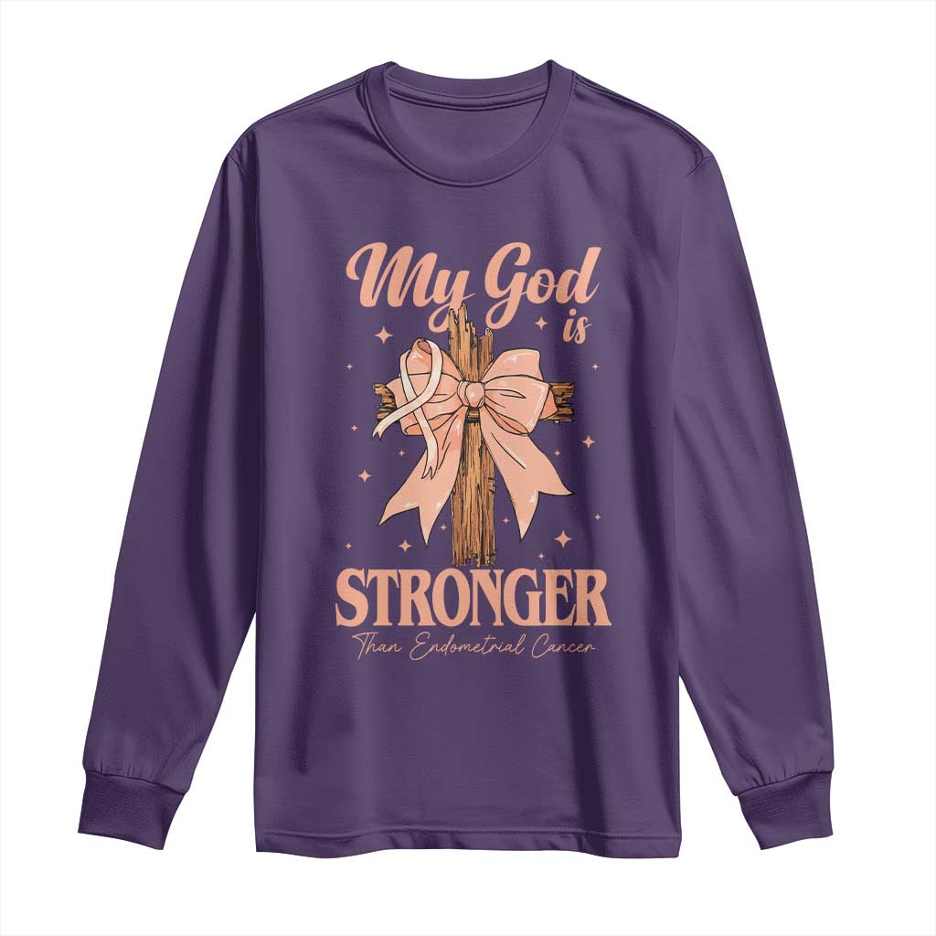 Endometrial Cancer Faith Peach Ribbon Long Sleeve Shirt My God Is Stronger Than Endometrial Cancer