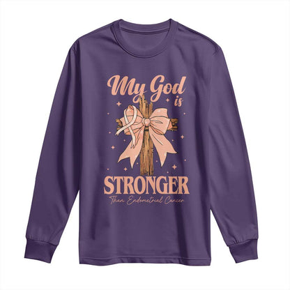 Endometrial Cancer Faith Peach Ribbon Long Sleeve Shirt My God Is Stronger Than Endometrial Cancer