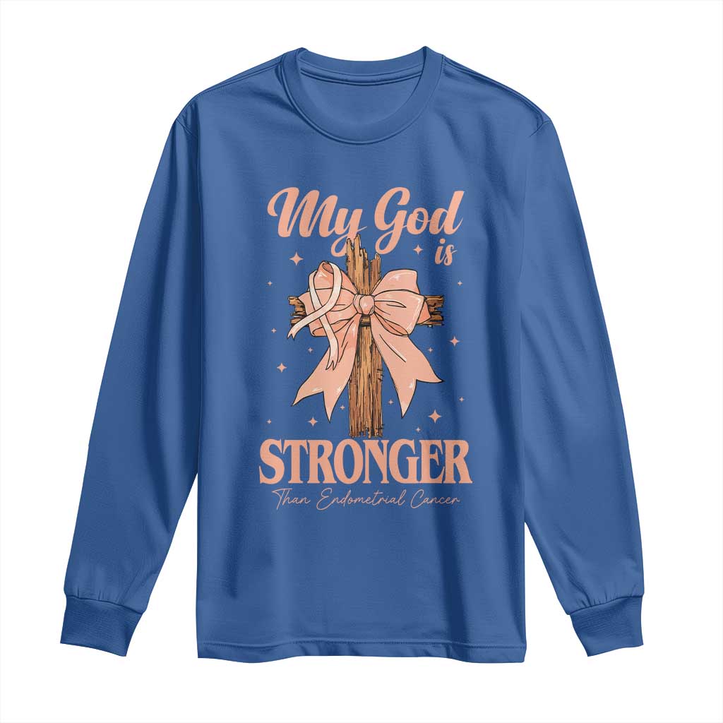 Endometrial Cancer Faith Peach Ribbon Long Sleeve Shirt My God Is Stronger Than Endometrial Cancer