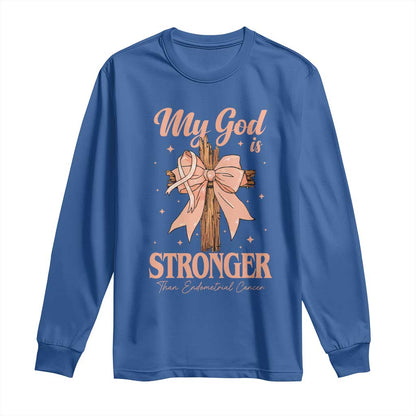 Endometrial Cancer Faith Peach Ribbon Long Sleeve Shirt My God Is Stronger Than Endometrial Cancer