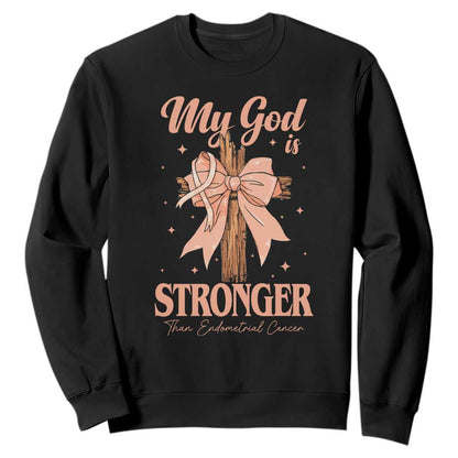 Endometrial Cancer Faith Peach Ribbon Sweatshirt My God Is Stronger Than Endometrial Cancer