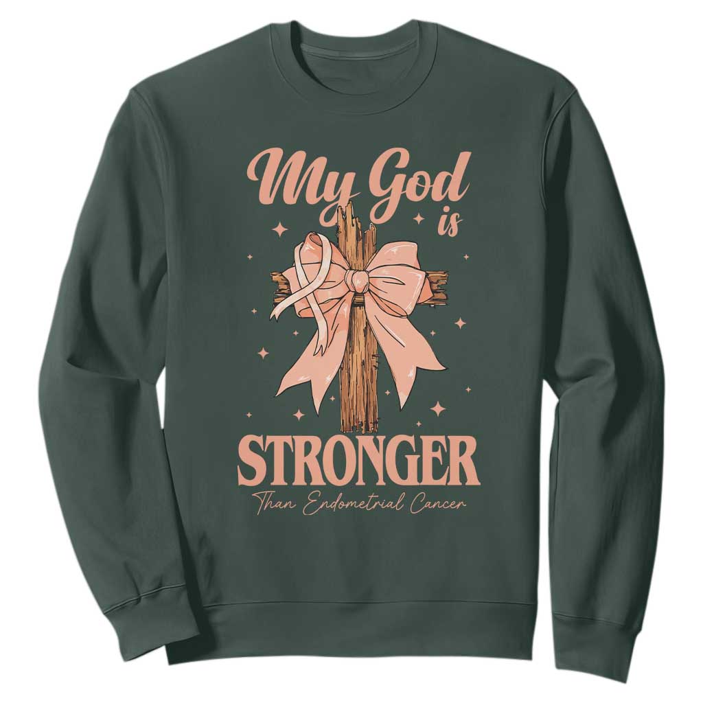 Endometrial Cancer Faith Peach Ribbon Sweatshirt My God Is Stronger Than Endometrial Cancer