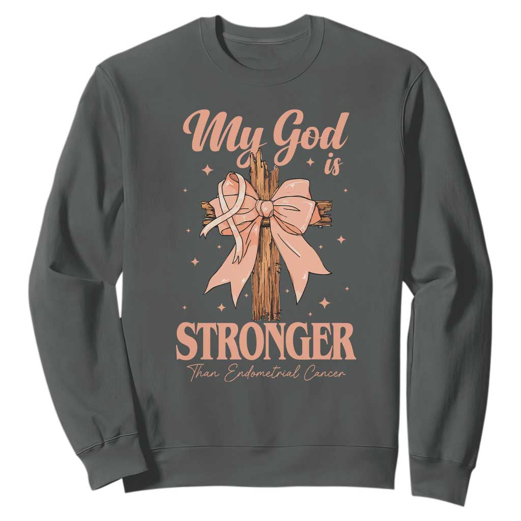 Endometrial Cancer Faith Peach Ribbon Sweatshirt My God Is Stronger Than Endometrial Cancer