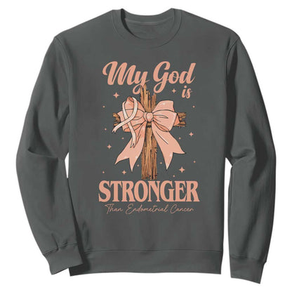 Endometrial Cancer Faith Peach Ribbon Sweatshirt My God Is Stronger Than Endometrial Cancer