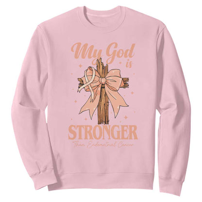 Endometrial Cancer Faith Peach Ribbon Sweatshirt My God Is Stronger Than Endometrial Cancer