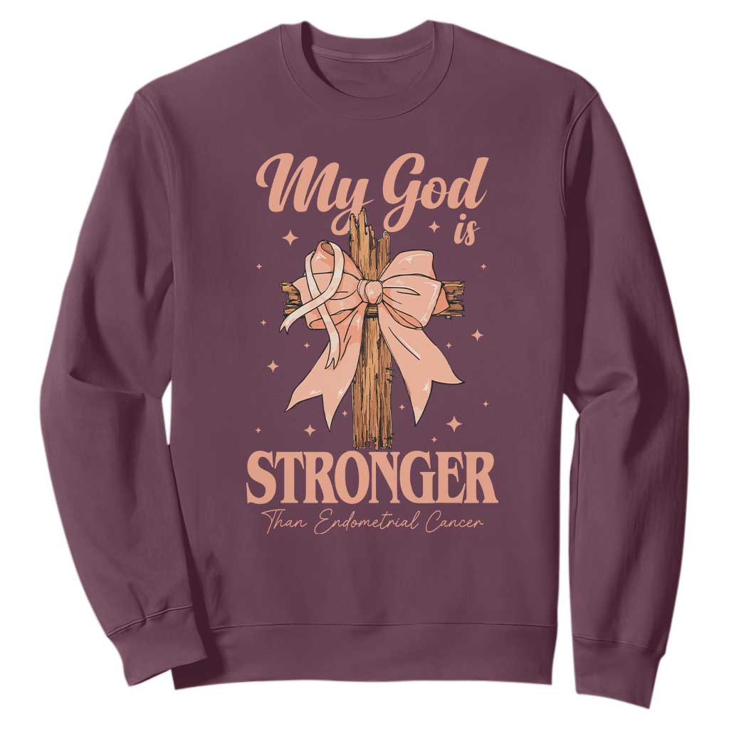 Endometrial Cancer Faith Peach Ribbon Sweatshirt My God Is Stronger Than Endometrial Cancer