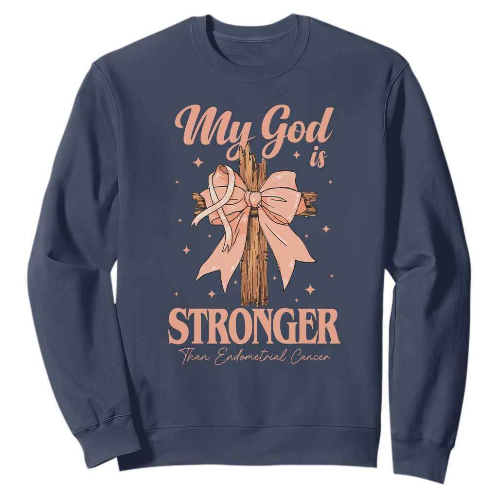 Endometrial Cancer Faith Peach Ribbon Sweatshirt My God Is Stronger Than Endometrial Cancer