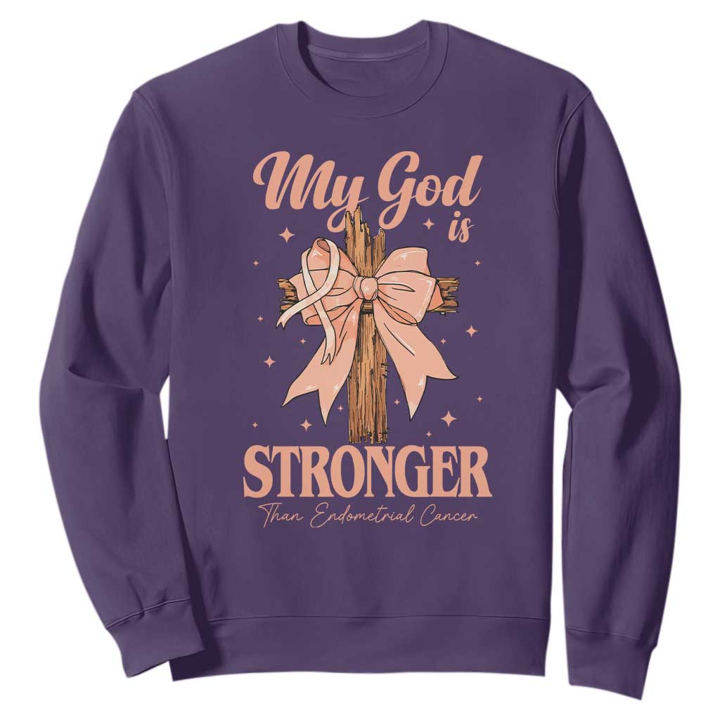 Endometrial Cancer Faith Peach Ribbon Sweatshirt My God Is Stronger Than Endometrial Cancer