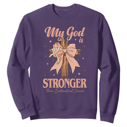 Endometrial Cancer Faith Peach Ribbon Sweatshirt My God Is Stronger Than Endometrial Cancer