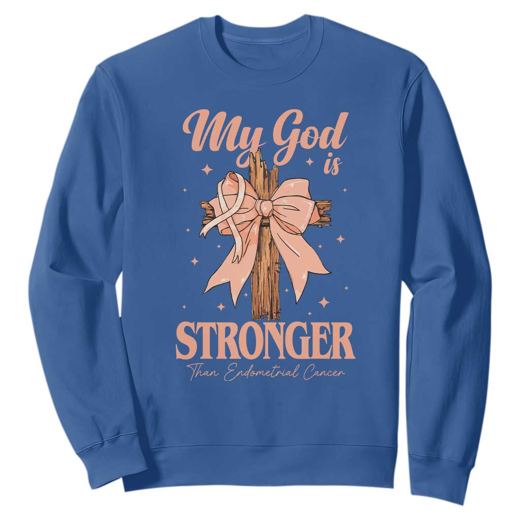 Endometrial Cancer Faith Peach Ribbon Sweatshirt My God Is Stronger Than Endometrial Cancer