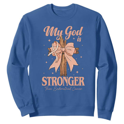 Endometrial Cancer Faith Peach Ribbon Sweatshirt My God Is Stronger Than Endometrial Cancer