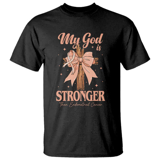 Endometrial Cancer Faith Peach Ribbon T Shirt My God Is Stronger Than Endometrial Cancer