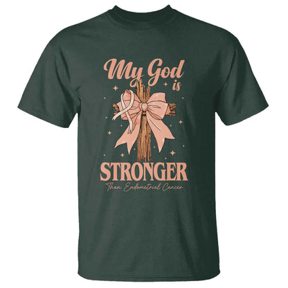 Endometrial Cancer Faith Peach Ribbon T Shirt My God Is Stronger Than Endometrial Cancer