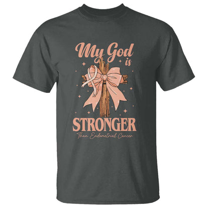 Endometrial Cancer Faith Peach Ribbon T Shirt My God Is Stronger Than Endometrial Cancer