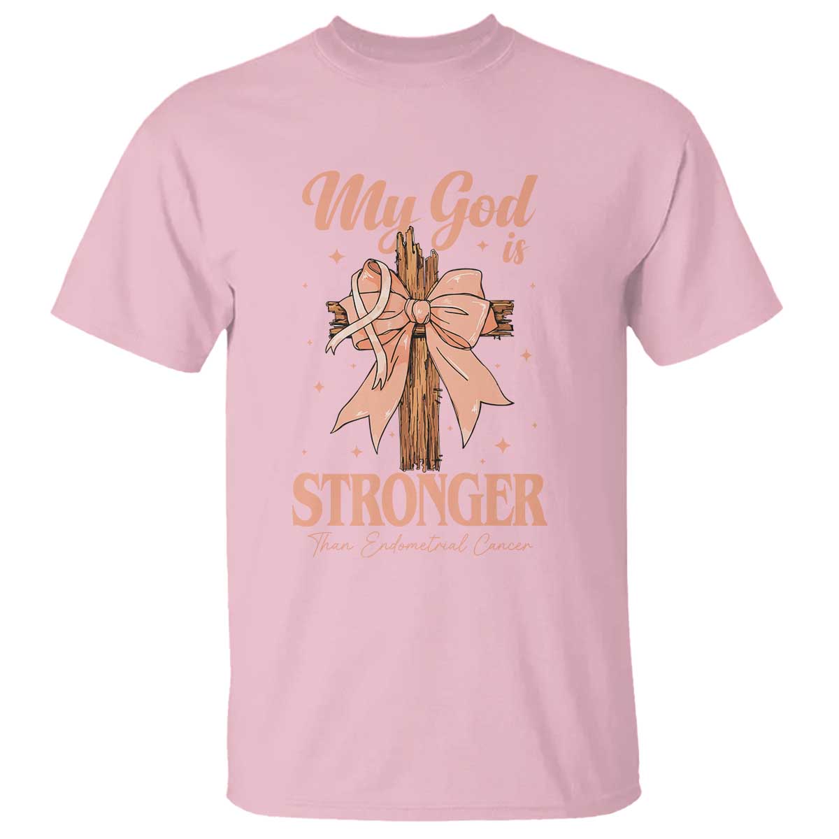 Endometrial Cancer Faith Peach Ribbon T Shirt My God Is Stronger Than Endometrial Cancer