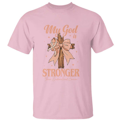 Endometrial Cancer Faith Peach Ribbon T Shirt My God Is Stronger Than Endometrial Cancer