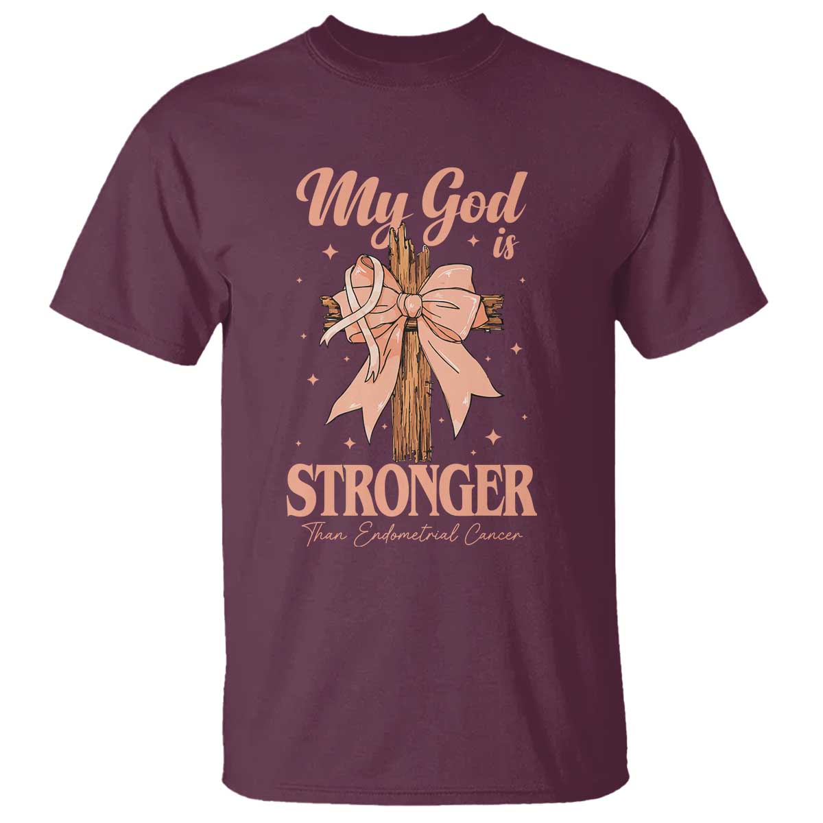 Endometrial Cancer Faith Peach Ribbon T Shirt My God Is Stronger Than Endometrial Cancer