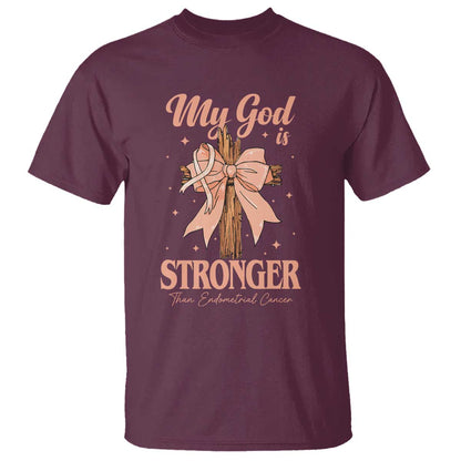 Endometrial Cancer Faith Peach Ribbon T Shirt My God Is Stronger Than Endometrial Cancer