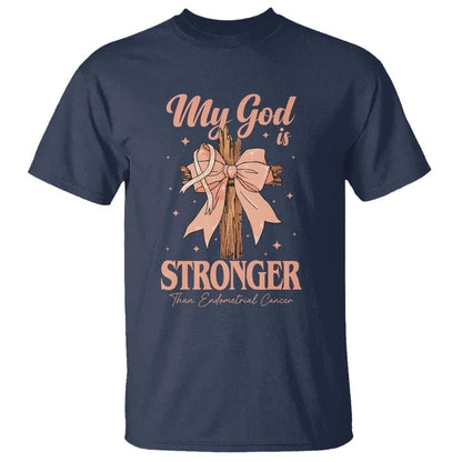 Endometrial Cancer Faith Peach Ribbon T Shirt My God Is Stronger Than Endometrial Cancer