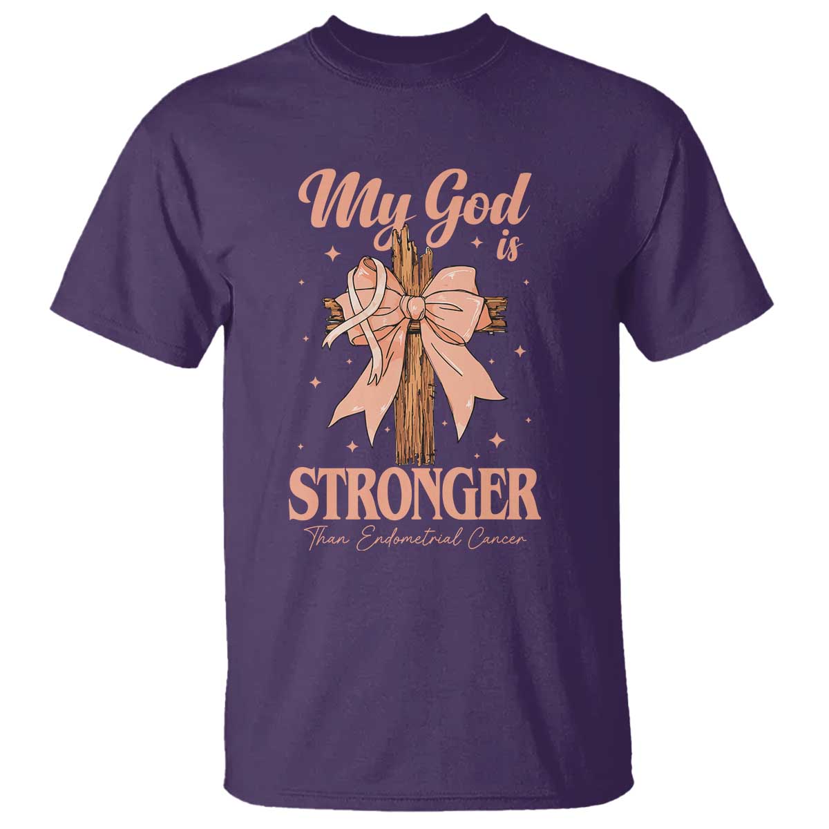 Endometrial Cancer Faith Peach Ribbon T Shirt My God Is Stronger Than Endometrial Cancer