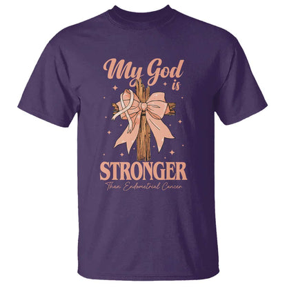 Endometrial Cancer Faith Peach Ribbon T Shirt My God Is Stronger Than Endometrial Cancer
