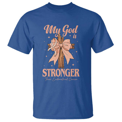 Endometrial Cancer Faith Peach Ribbon T Shirt My God Is Stronger Than Endometrial Cancer