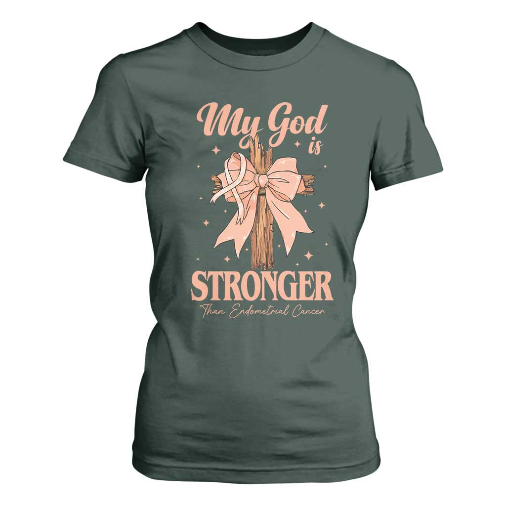 Endometrial Cancer Faith Peach Ribbon T Shirt For Women My God Is Stronger Than Endometrial Cancer