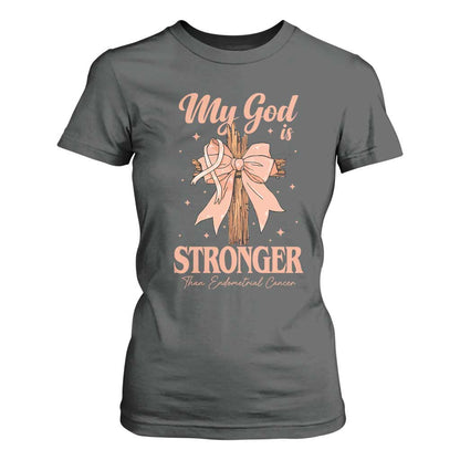 Endometrial Cancer Faith Peach Ribbon T Shirt For Women My God Is Stronger Than Endometrial Cancer