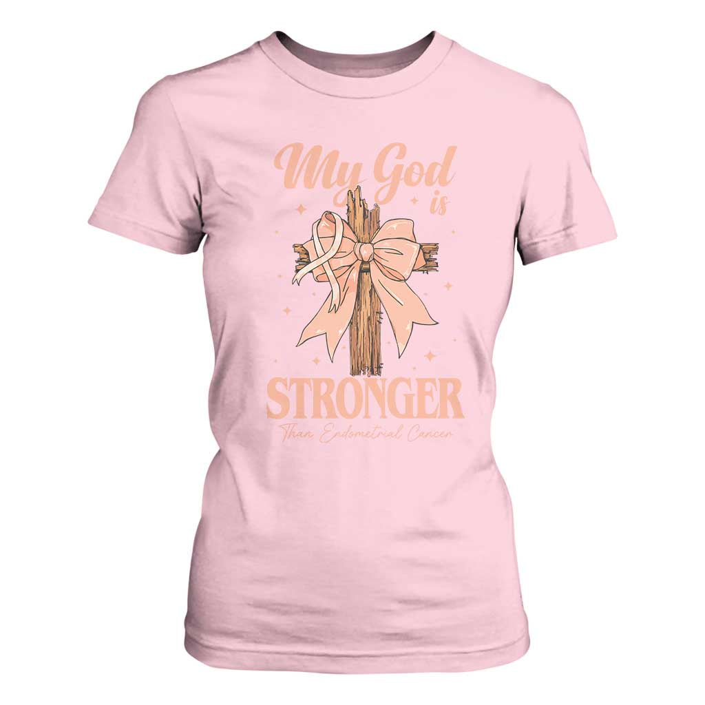 Endometrial Cancer Faith Peach Ribbon T Shirt For Women My God Is Stronger Than Endometrial Cancer