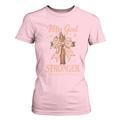 Endometrial Cancer Faith Peach Ribbon T Shirt For Women My God Is Stronger Than Endometrial Cancer