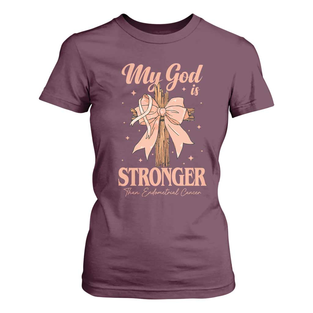 Endometrial Cancer Faith Peach Ribbon T Shirt For Women My God Is Stronger Than Endometrial Cancer