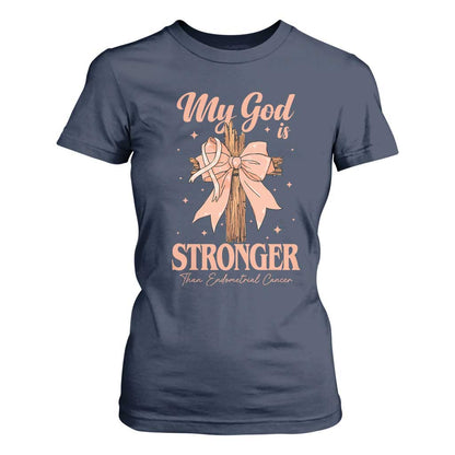 Endometrial Cancer Faith Peach Ribbon T Shirt For Women My God Is Stronger Than Endometrial Cancer