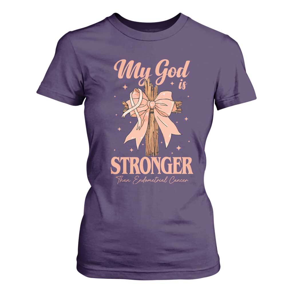 Endometrial Cancer Faith Peach Ribbon T Shirt For Women My God Is Stronger Than Endometrial Cancer