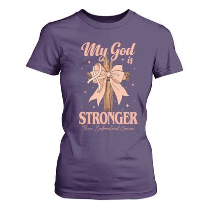 Endometrial Cancer Faith Peach Ribbon T Shirt For Women My God Is Stronger Than Endometrial Cancer