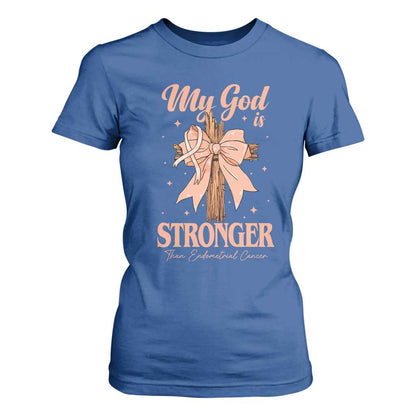 Endometrial Cancer Faith Peach Ribbon T Shirt For Women My God Is Stronger Than Endometrial Cancer
