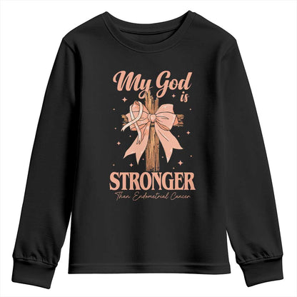 Endometrial Cancer Faith Peach Ribbon Youth Sweatshirt My God Is Stronger Than Endometrial Cancer