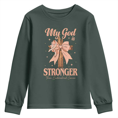Endometrial Cancer Faith Peach Ribbon Youth Sweatshirt My God Is Stronger Than Endometrial Cancer