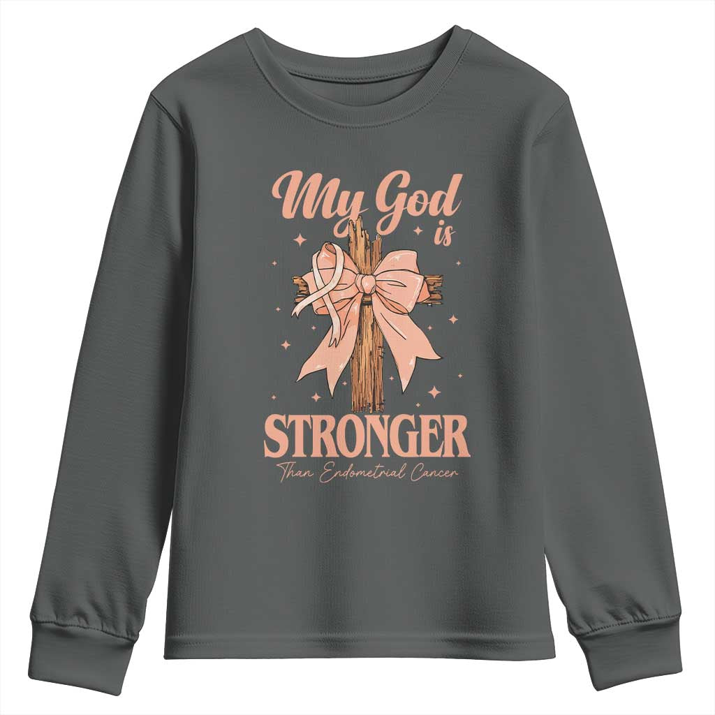 Endometrial Cancer Faith Peach Ribbon Youth Sweatshirt My God Is Stronger Than Endometrial Cancer
