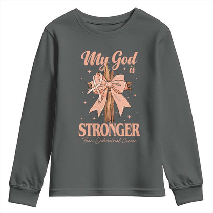 Endometrial Cancer Faith Peach Ribbon Youth Sweatshirt My God Is Stronger Than Endometrial Cancer
