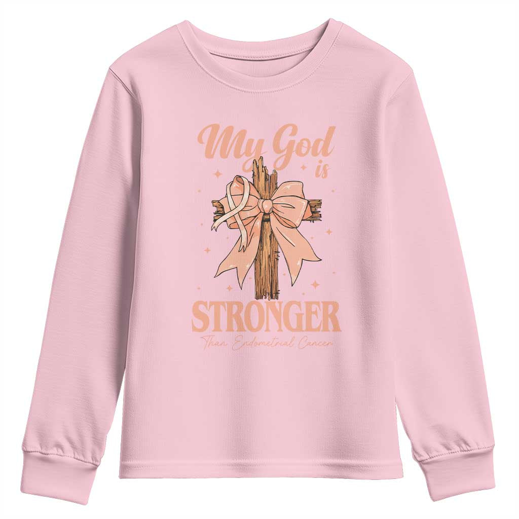 Endometrial Cancer Faith Peach Ribbon Youth Sweatshirt My God Is Stronger Than Endometrial Cancer