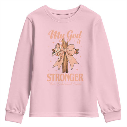Endometrial Cancer Faith Peach Ribbon Youth Sweatshirt My God Is Stronger Than Endometrial Cancer